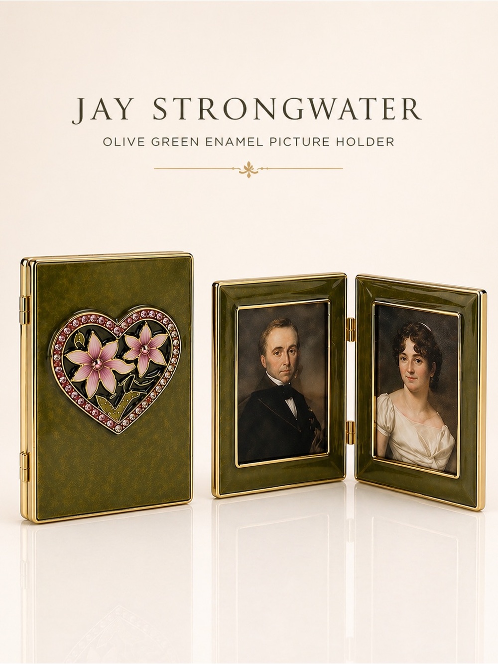 Jay Strongwater Olive Green Enamel Picture Frame Holder Floral Rhinestone Heart
